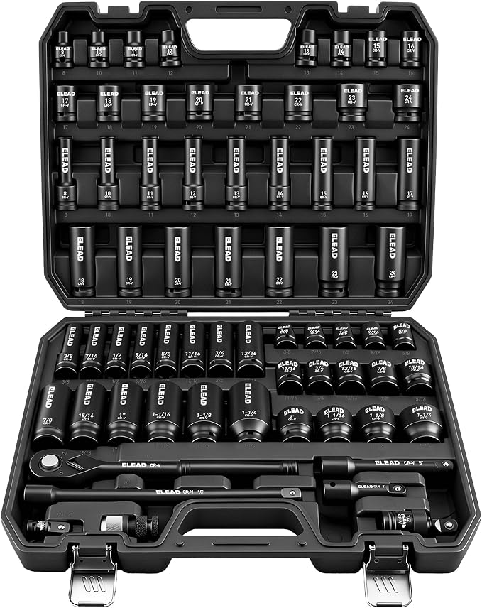 ELEAD 67 Piece 1/2" Drive Deep Impact Socket Set: Standard SAE (3/8"-1-1/4") & Metric (8-24 mm), Including 3 ", 5", 10" Extension Bar, Universal Joint, Ratchet Handle and Adapter