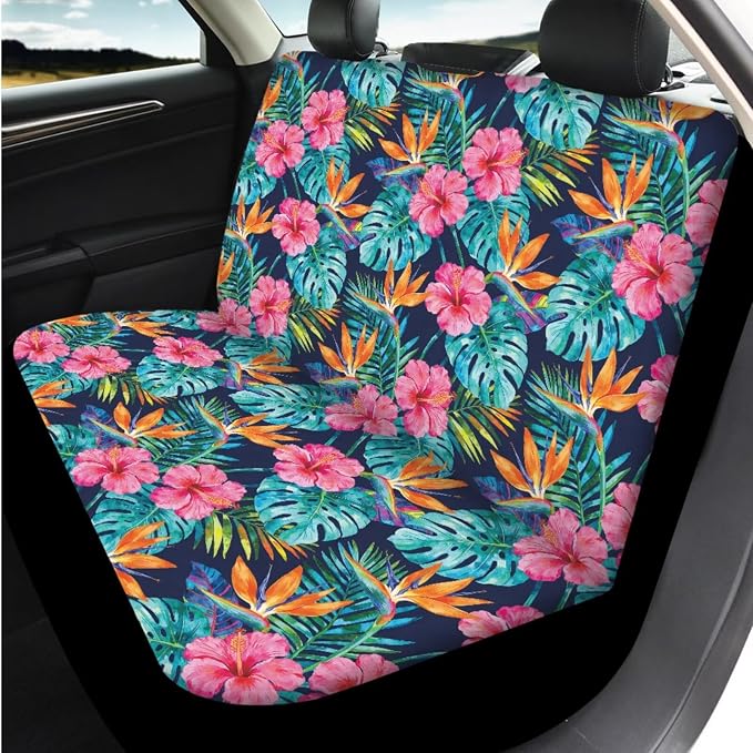 Bulopur Tropical Hibiscus Floral Car Seat Covers Full Set with Steering Wheel Cover Universal Center Console Cover Breathable Seat Belt Pads 14 Piece Automotive Interior Accessories Set