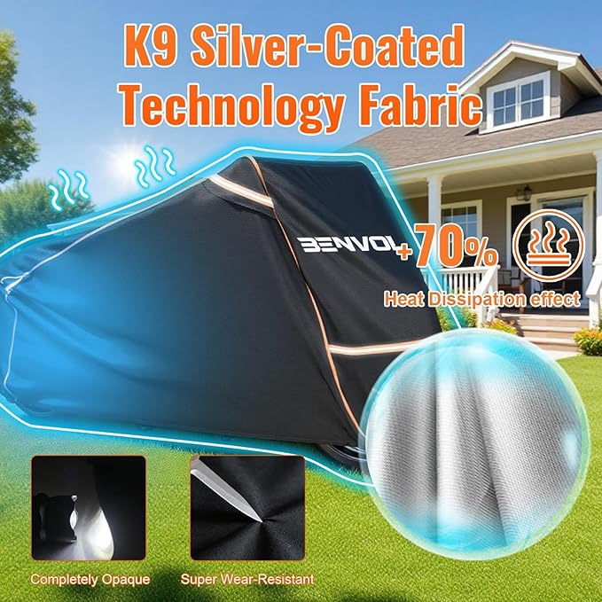 BENVOL 420D Heavy Duty Motorcycle Cover Waterproof Outdoor, 5000mm Rainproof Material Motorbike Cover with 2 Windproof Buckles, Lock Holes & Wide Reflective Strips, Anti-UV Sun Dust Protection