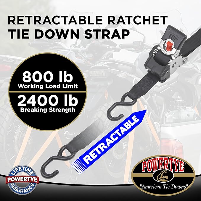 PowerTye - 2 inch x 10ft Long Retractable Ratchet Tie Down Strap with Latch-Hooks - Self-Retracting Ratchet, 800 lb W.L.L., Ideal for Motorcycle, ATV, Cargo, Includes Bag & Soft-Tyes, Blue (Pair)