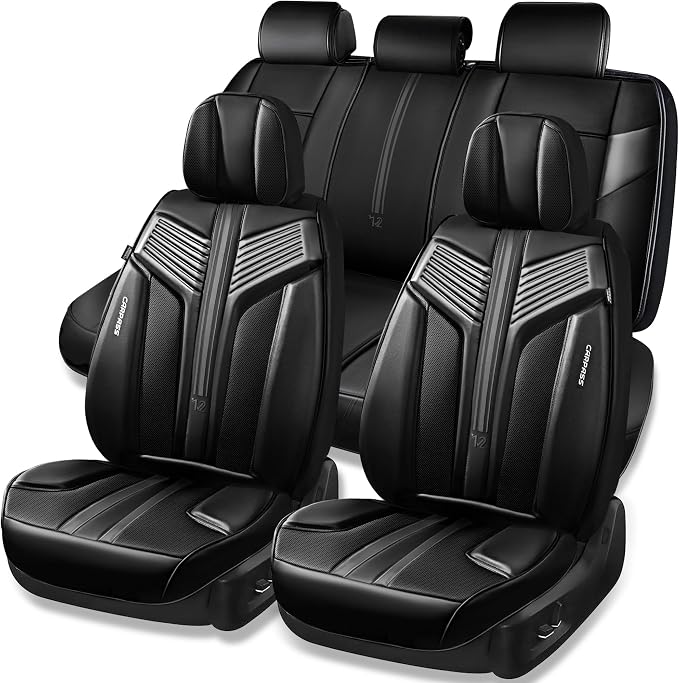 CAR PASS Nappa Leather Seat Covers for Cars, Luxury Waterproof Seat Covers Full Set, 5 Seats Universal Car Seat Protectors, Breathable Car Seat Covers Fit for Most Cars SUV Truck Sedan Automotive