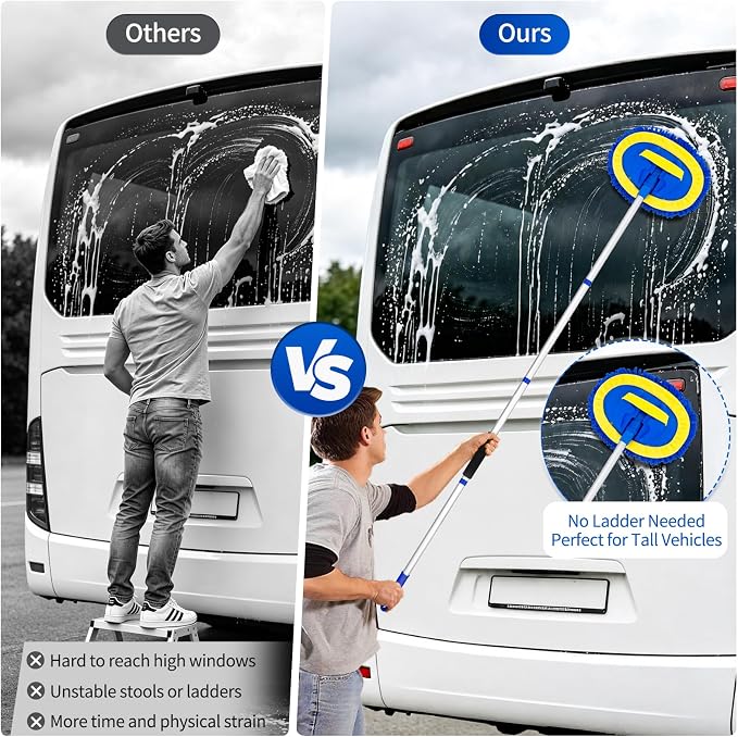 Car Wash Brush with Long Handle - 62" Car Wash Kit with Chenille Microfiber Cleaning Brush, Car Washing Mop with 3 Replacement Mitts, Scratch-Free Scrub Washer Wand for Vehicles, RV, Truck Blue