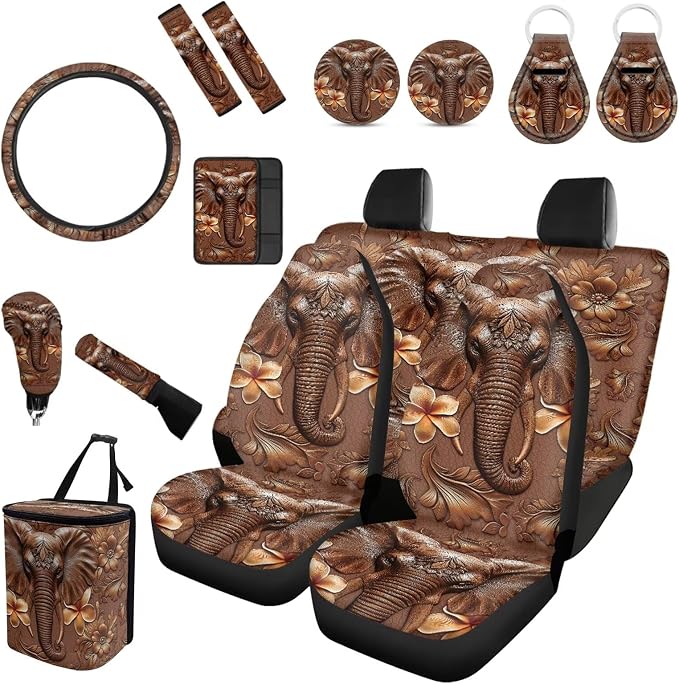 Forchrinse Hippie Elephant Car Seat Covers for Women Men Stylish 15Pcs Auto Accessories Set with Steering Wheel Cover,Shoulder Pad,Trash Can for Most Cars