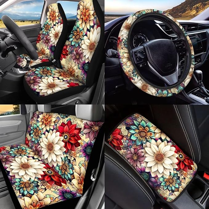 BIGCARJOB Hippie Lotus Print Car Seat Covers Set 15 Pieces Blossom Flower Seat Headrest Cover Universal Steering Wheel Cover Car Trash Can Hanging Car Interior Accessories Set