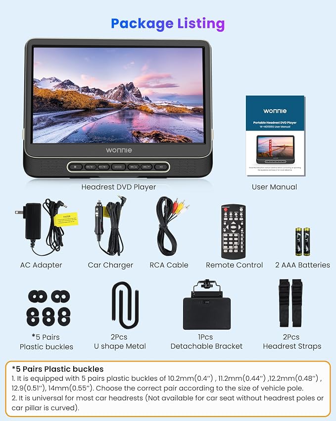 Car DVD Player, WONNIE 12" Headrest DVD Player with Mount Bracket, Supports 1080P/MP4 Video, HDMI Input/Output, AV Out, AC Adapter, Car Charger, USB Card Reader, Last Memory, All Regions