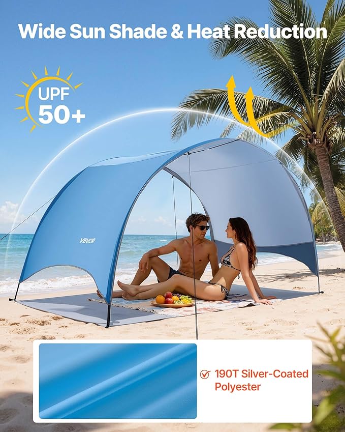 VEVOR Beach Tent Sun Shelter for 3 Person, UPF 50+, Portable Sun Shade Beach with Carrying Bag & Ground Stakes, Lightweight and Easy Setup Beach Umbrella for Camping Fishing Outdoor Picnic