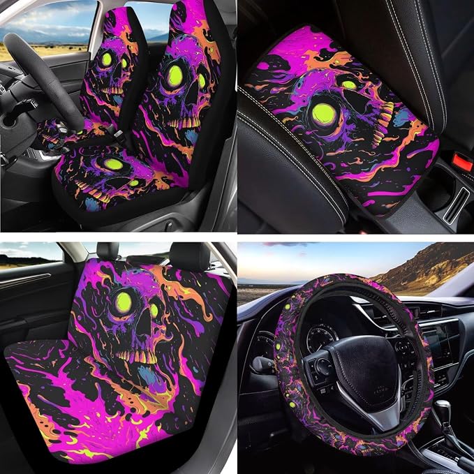 Skull Print 15Pcs Automotive Seat Covers Full Set Universal Car Front Rear Seat Covers with Decorative Steering Wheel Cover Center Console Pad Safety Belt Pads Headrest Protectors