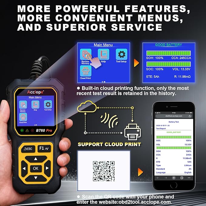 BT60 PRO Car Battery Tester 6V/12V/24V, 2–120Ah, 100–3000 CCA, AGM/Gel/Lithium, Alternator & Starter/Charging System Analyzer, QR Cloud Report (No App), Digital Analyzer
