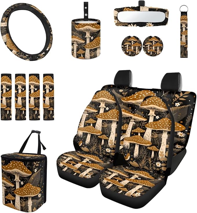 Mushroom Car Aaccessories Full Set of 15 Pcs, Cute Car Seat Covers Set with Rear View Mirror Cover,Steering Wheel Covers,Car Trash Can with Lid for Women Man,Universal Fit