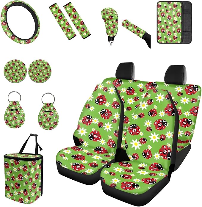 Forchrinse Ladybird Car Seat Covers for Women Flower 15Pack Patriotic Automotive Seat Protector with Steering Wheel Cover,Armrest Seatbelt Cover,Car Trash Can,Coaster,Keychain