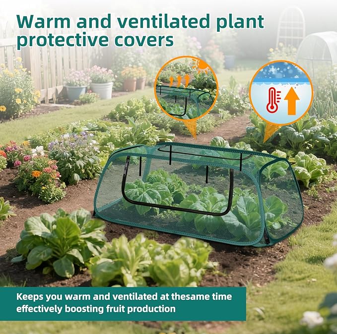 Pop-Up Mesh Garden Cover for Raised Beds – 2-Pack Outdoor Plant Cage with 30% Sun Shade & Insect Protection, Zip Window, Foldable Crop Tent for Seedlings, Wildlife, Includes 8 Stakes