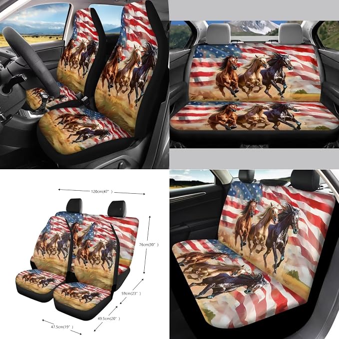 Horse American Flag Print Full Set with Front Back Seats Steering Wheel Covers, Trash Can, Air Vent Bag, Auto Seat Belt Pads, Mirror Cover, Cup Holder Coaster for Women Men