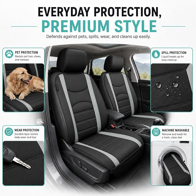 FH Group Car Seat Covers Front Set Gray Black Faux Leather Car Seat Cushions - Car Seat Covers for Low Back Seat, Universal Fit, Automotive Seat Covers, Airbag Compatible for SUV, Sedan