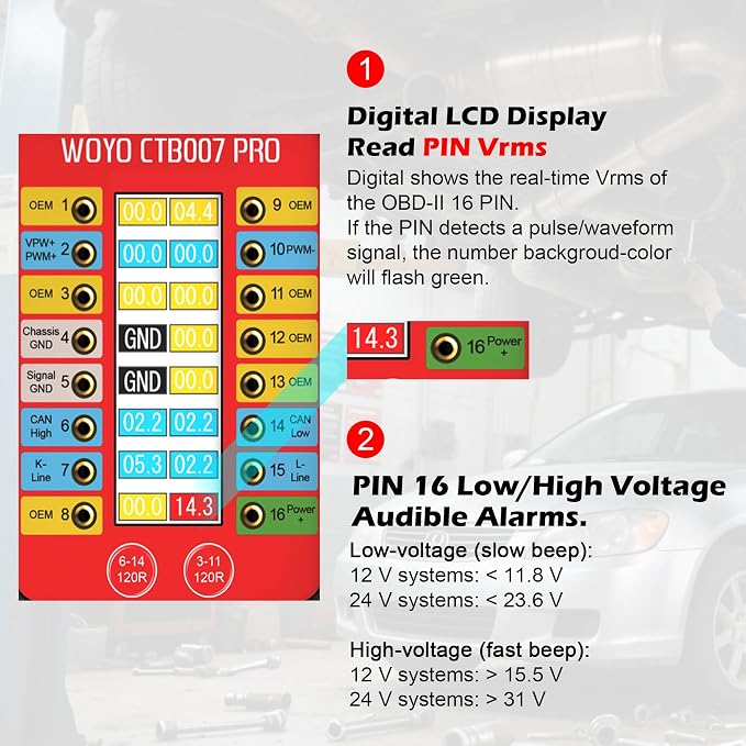 WOYO CTB007 PRO 12V/24V OBD2 Breakout Box with LCD Display 16PIN Vrms, CAN Tester Box with Built-in 120Ω for ECU Testing Tool on Bench, CAN Tester Box, 27.5inch/59inch Extension Cable (150cm/59inch)