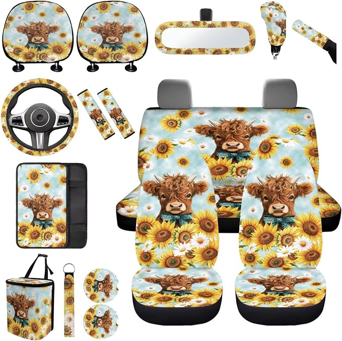 Highland Cow Car Seat Covers Full Set with Head Rest Covers,Universal Sunflower Car Accessories for Women Cute Automotive Interior Sets with Backseat Trash Can,Steering Wheel Cover
