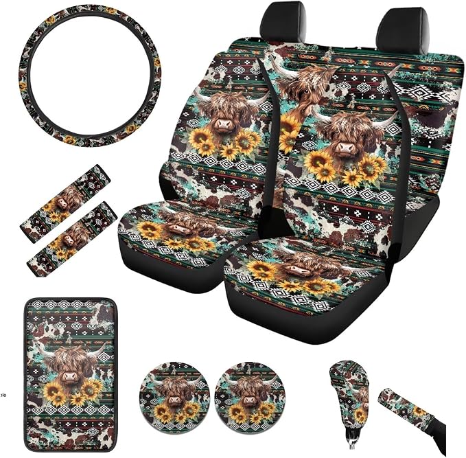 BIGCARJOB Highland Cow Print Seat Covers Full Set for Car Universal Auto Front Rear Seat Protector 12 Pcs Vintage Tribal Cow Print Steering Wheel Covers,Armrest Pads,Seat Belt Pads