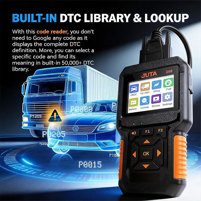 JUTA Heavy Duty Truck Scanner Diesel OBD2 Diagnostic Scan Tool, 2-in-1 Check Engine Code Reader for Car and Truck, Real-Time Data Stream, Battery Test
