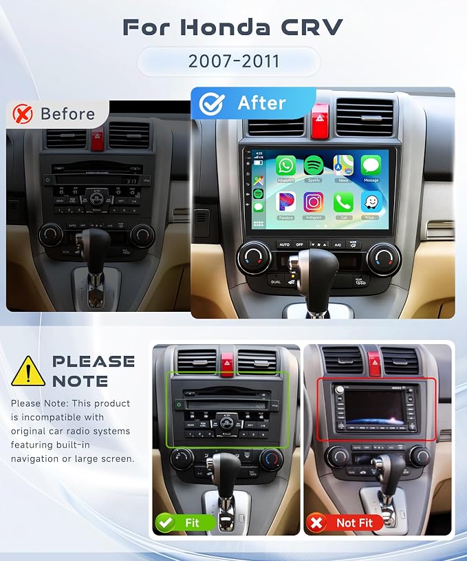 4G+64G Car Radio Stereo for Honda CRV 2007-2011, Wireless CarPlay Android Auto 9 Inch IPS Touch Screen Android 15 GPS Head Unit 5Ghz-WiFi Bluetooth DSP Audio USB Dual Mic HD Rear Camera