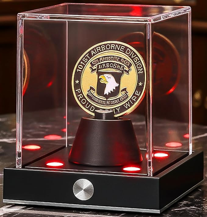 JupDec Cordless LED Challenge Coin Display Case, Clear Acrylic Single Silver Dollar Holder with 10 Color Light up, Autograph Coin Showcase with Memory Function, Ideal Gift for Sports Fans