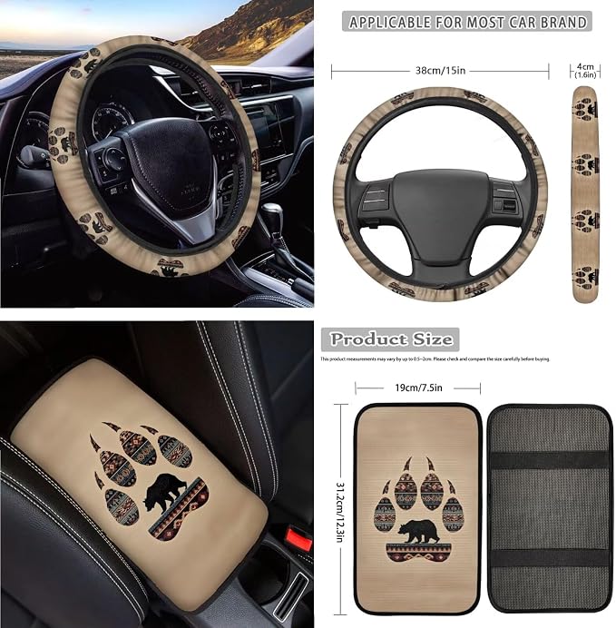 Animal Paw Print Car Seat Covers Set of 18 Aztec Bear Print Car Front Rear Seat Covers Headrest Protectors Steering Wheel Cover Safety Belt Pads for SUV Sedan, Easy to Install