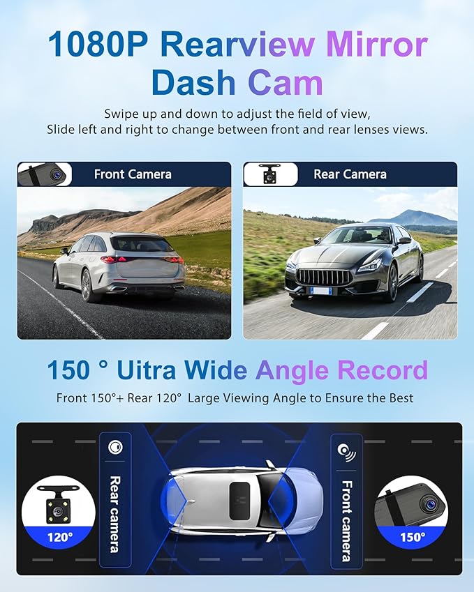 Podofo Mirror Dash Cam for Cars,7" Rear View Mirror 1080P Front and Rear View Dual Cameras,Super Night Vision,Parking Assistance,Loop Recording,Motion Detection,Waterproof Backup Camera for Cars+64G
