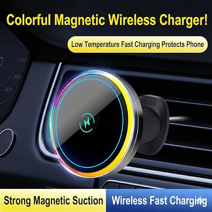 Wireless Car Charger with Semiconductor Cooling, Magnetic Phone Mount for iPhone 17/16/15/14/13 Series, 15W Fast Charging Car Holder with RGB Ambient Light, Auto-Aligning Vent Clip Mount
