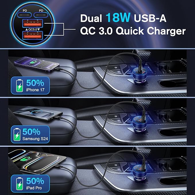 Canjoy 90W Car Charger USB C, 4-Port Super Fast Charging Cigarette Lighter Plug, Dual 45W USB-C & USB-A Car Charger Power Adapter for iPhone 17 16 15 14 13 12, iPad, Galaxy, Tablet, Android (5 Pack)
