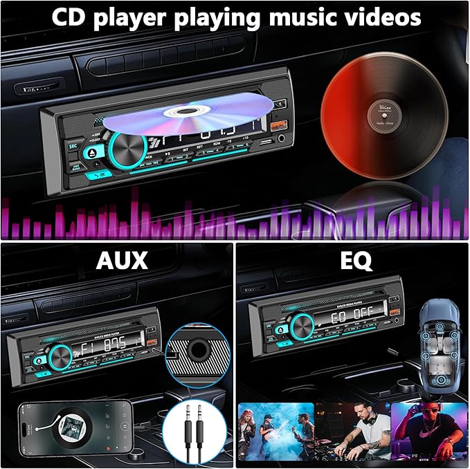 Single Din Car Stereo with CD/DVD Player – Upgrade Your Classic Car with Bluetooth, USB, AUX, SD Card, FM, MP3, Selectable RCA Output, Apple & Android Compatible