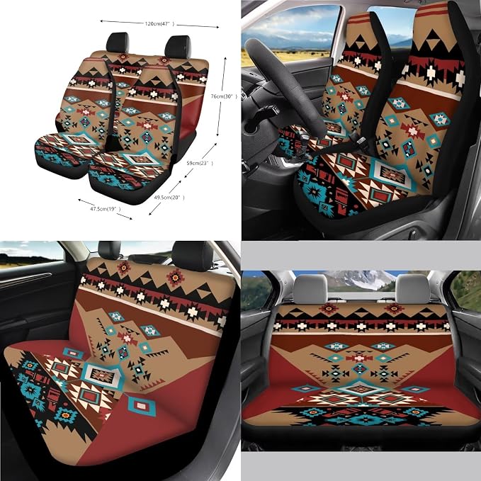 14Pcs Full Set Car Seat Covers Aztec Southwest Front and Rear Split Bench Seat Covers with Steering Wheel Cover Center Console Pad Safety Belt Pads Garbage Bag Cup Mats