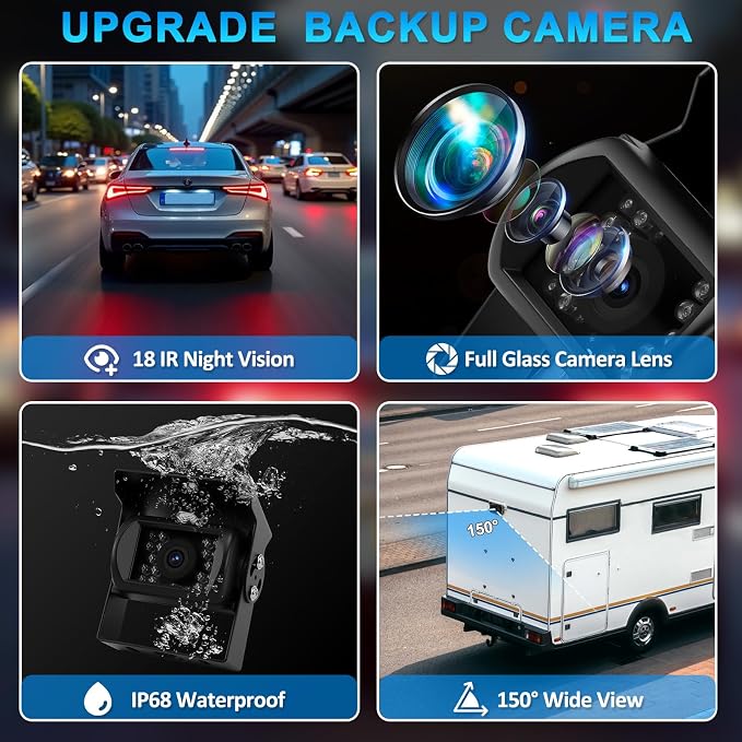 Backup Camera System Kit with 2 Cameras and 7 Inch HD Monitor IP69 Waterproof Night Vision Backup Camera Rear View Camera for Truck RV Van SUV Pickup