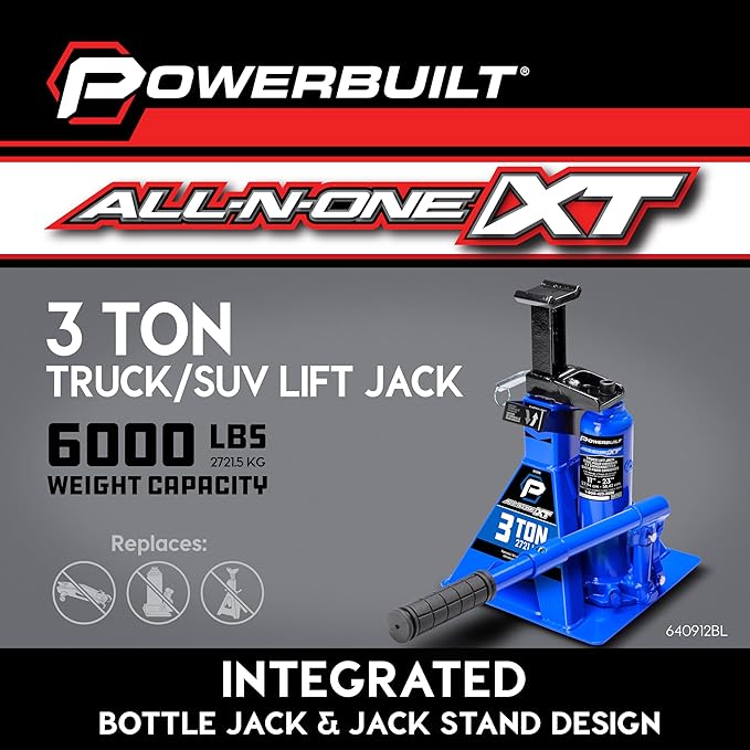 POWERBUILT 3 Ton All-in-One Hydraulic Bottle Jack and Jackstand in One, Compact, Wide Base, 11-21 Inch Range, Eliminates Jackstands, for Trucks, SUVs, RVs, Trailers, ASME, Not for Sedans - 640912