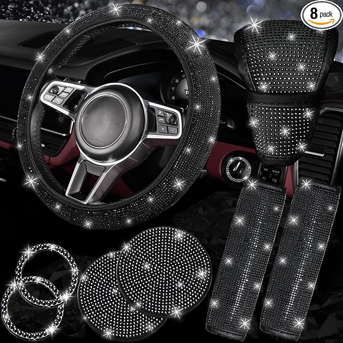NBTEPEM 8 pcs Bling Car Accessories Set for Women, Steering Wheel Cover, Sparkly Seat Belt Covers, Bling Gear Shift Cover, Universal Fit Most Cars (Black Diamond)