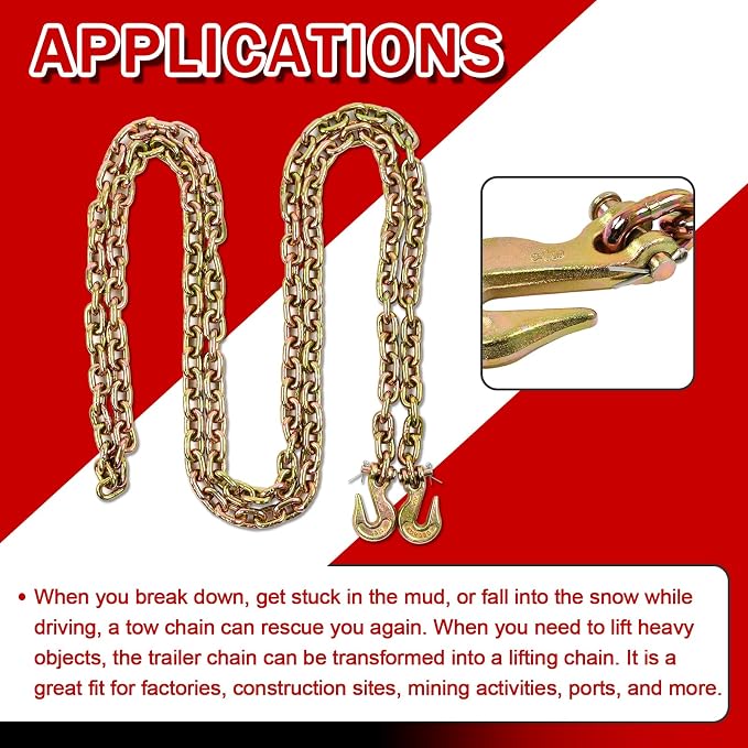 Heavy Duty G80 Transport Binder Chain 3/8'' Inch x 16 Feet,Tow Chain with G70 Clevis Grab Hooks,7100 lbs Safe Working Load Logging for Transporting, Towing(3/8'' x 16FT Yellow).