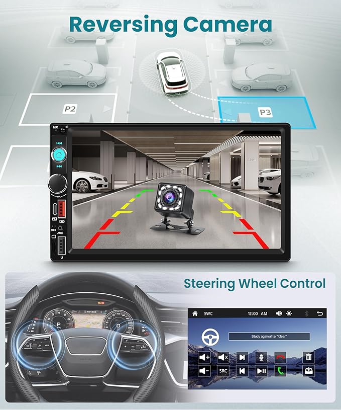 Double Din Car Stereo with Wireless CarPlay/Android Auto, 7 Inch IPS Touch Screen Radio, Bluetooth 5.2, FM Radio,Double Din Head Unit with Online Video EQ USB/Type-C/TF Card/Aux Ports Backup Camera