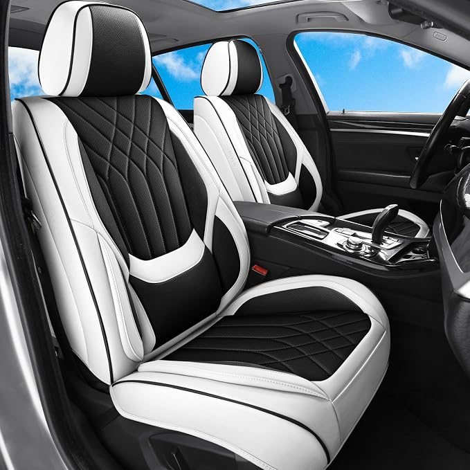 Black White Car Seat Covers Front Seats, Luxury Leather Automotive Seat Covers with Lumbar Support, White Car Inner Accessories Seat Protector Universal Fit for Most Cars Trucks Pick-ups SUVs