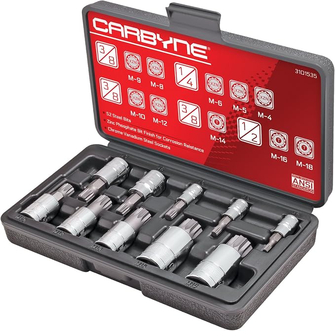 CARBYNE 10-Piece Triple Square Socket Set, XZN Spline Bit Socket, 12 Point, Metric M4 to M18, S2 Steel, CrV Sockets, 1/4 in. 3/8 in. and 1/2 in. Drive, Durable Storage Case