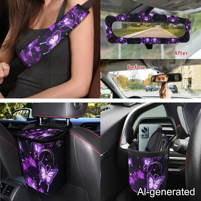 Dreaweet Purple Butterfly Car Seat Covers Full Set for Women Car Accessories Seat Cover Steering Wheel Cover Seatbelt Covers Car Coasters Garbage Bin Rear View Mirror Cover Keychain Air Vent Pouch
