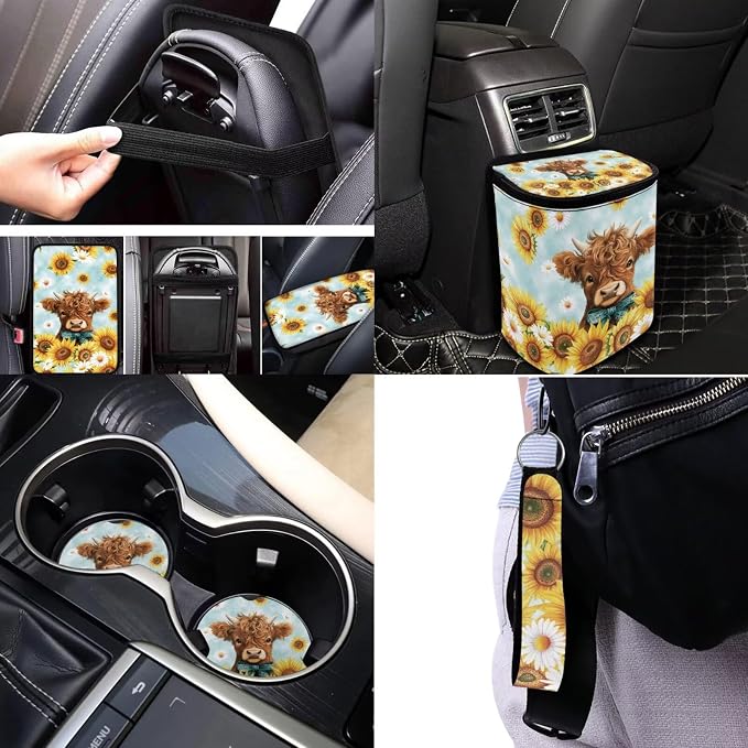 Highland Cow Car Seat Covers Full Set with Head Rest Covers,Universal Sunflower Car Accessories for Women Cute Automotive Interior Sets with Backseat Trash Can,Steering Wheel Cover