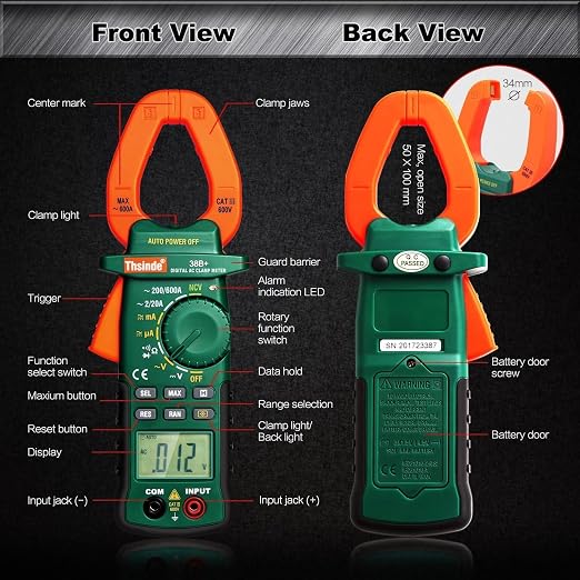 Auto Ranging Digital Multimeter & Clamp Meter with Storage Bag Battery Alligator Clips Test Leads for AC/DC Voltage/Current Voltage Alert Amp Ohm/Volt (38B Clamp Meter+18B Multi Meter Orange)