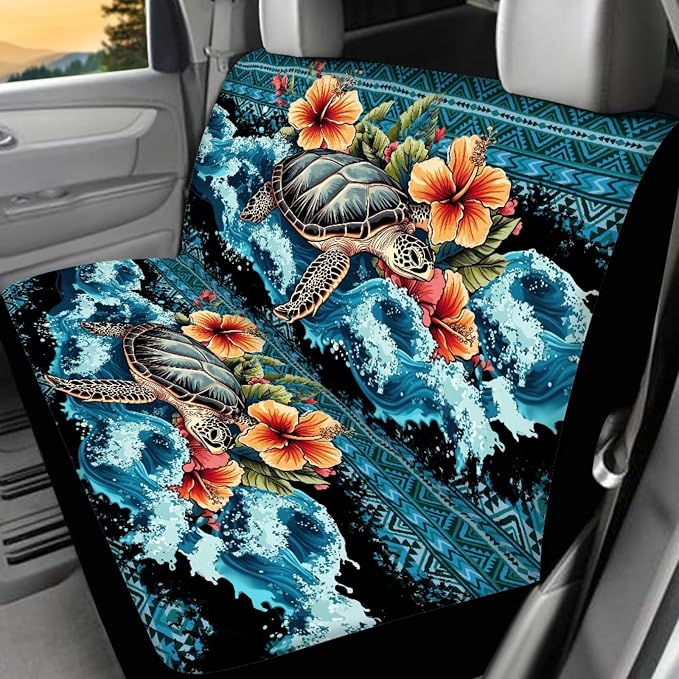 Sea Turtle Car Aaccessories Full Set of 17Pcs,Aztec Sea Turtle Car Seat Covers Set with Car Pass Rubber Floor Mats,Seat Belt Shoulder Pad,Steering Wheel Car Covers,Keychain Wristlet for Women