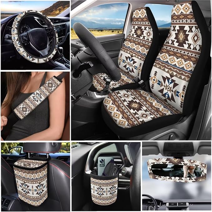 Dreaweet Aztec Car Seat Covers Full Set Native American Tribal Geometric Pattern Seat Covers with Steering Wheel Covers Seat Belt Pads Coaster Trash Can Air Vent Holder Rear View Mirror Cover Keychain