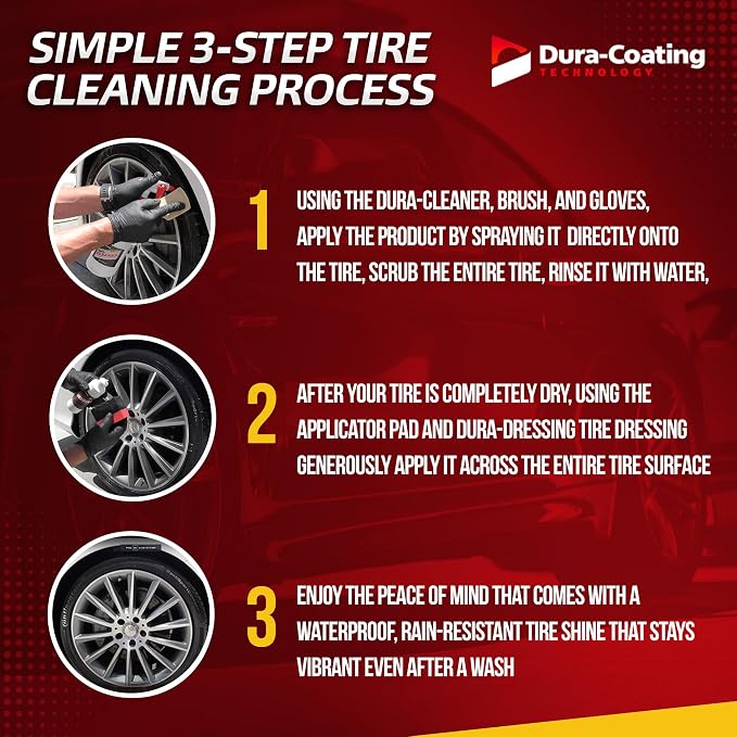 DURA-COATING TECHNOLOGY, Dressing Total Tire Kit, Single Car Kit - All Inclusive Tire Shine, and Cleaner Kit for a Lasting Shine and Brilliant Finish - 16 Ounce Tire Cleaning Spray - Made in The USA