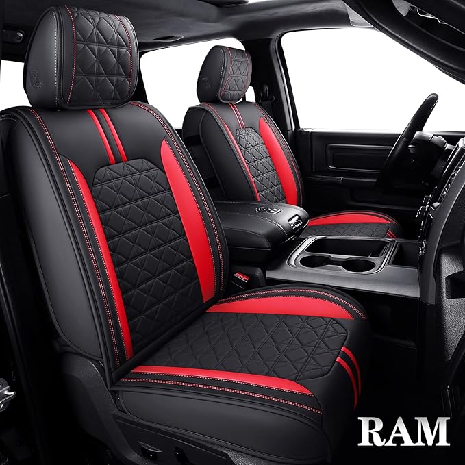 YIERTAI for Dodge RAM Seat Covers fit 2009-2025 2026 1500HD 2010-2023 2024 2025 2026 2500/3500HD Crew Double Quad Rebel Cab Laramie Big Long Horn Rebel Tradesman Leather(5 PCS Full Set/Black-Red)