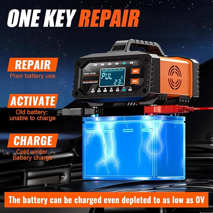 Auto Battery Charger 20A 12V/24V Adjustable Current 0.5A-20A LiFePO4 Lead Acid Fully Automatic Battery Maintainer, Trickle Charger with Pulse Repair, Winter Mode, for AGM Gel Deep Cycle Batteries