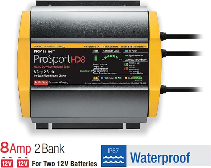 ProMariner 44008 ProSport HD Waterproof Marine Battery Charger, 8 Amp, 2 Bank