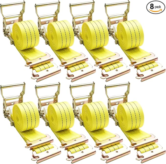 8 Pack 2" x 15' E-Track Ratchet Straps – 1500 lbs WLL / 4500 lbs Break Strength, Heavy Duty Cargo Tie Down Straps, Standard E-Track Fittings for Cargo Van, Box Truck, Trailer, Yellow