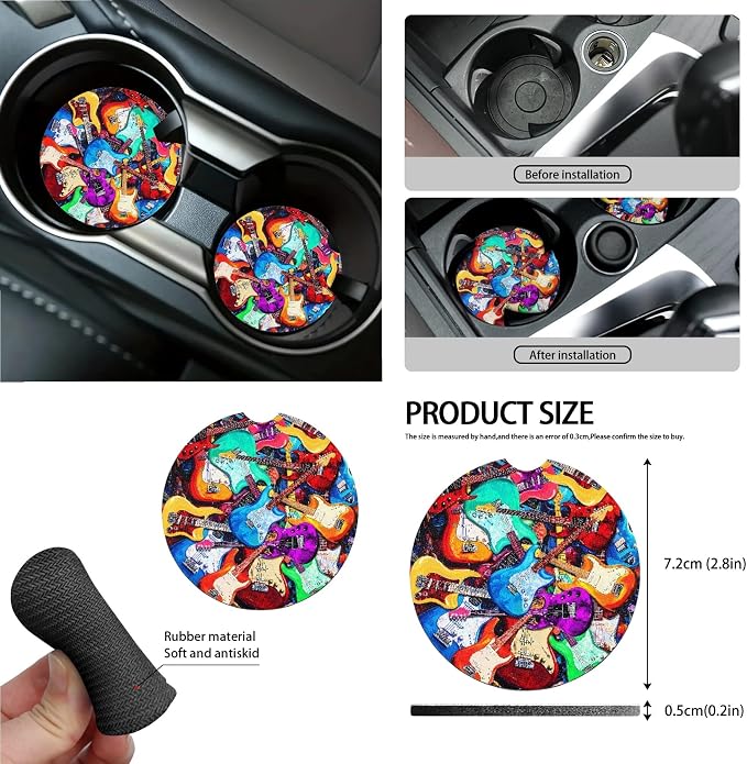 Colorful Guitar Print 15 PCS Car Front Back Seat Covers Full Set, Steering Wheel Cover Seatbelt Strap Pad Trash Cans Rear View Mirror Cover Air Vent Storage Bag Cup Coasters Keychain