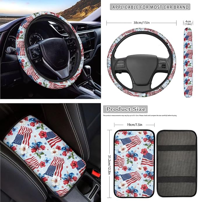 250 Years Full Set Car Seat Covers Hibiscus American Flag Print Car Front and Rear Seat Covers with Interior Decor Accessories for Truck Sedan SUV, Easy to Install, Blue
