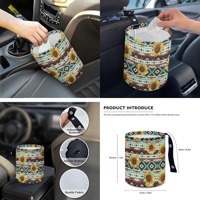 Aztec Sunflower Car Seat Covers Set of 15 with Universal Steering Wheel Cover, Rearview Mirror Cover, Car Trash Can, Seatbelt Pads, Cup Holder Coasters, Keychains
