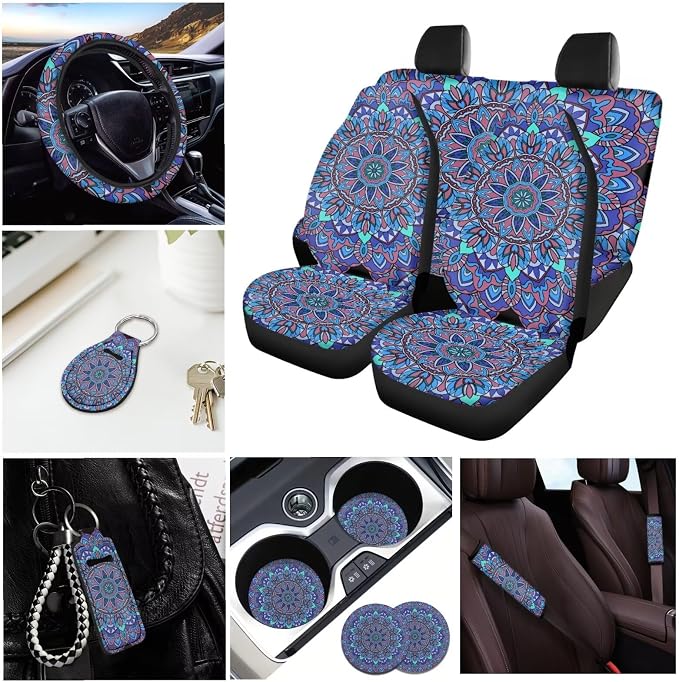 INSTANTARTS Boho Mandala Style Car Accessories Full Set of 13 Front Rear Seat Covers with Keychain Lipstick Holder Coasters Steering Wheel Cover Seat Belt Cover